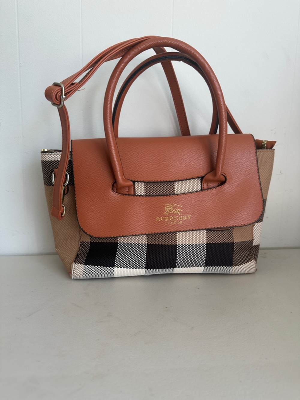 Burberry Brown Leather & Check Satchel with Top Handles